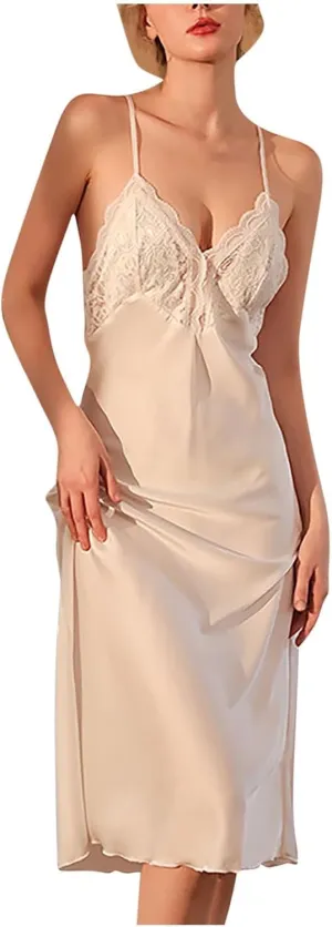 Xiaojmake Women's Nightdress Lace Satin Long Chemise Nightgowns Sleepwear Silk Nightwear Slip Dress Sleeveless Sleeping Dress