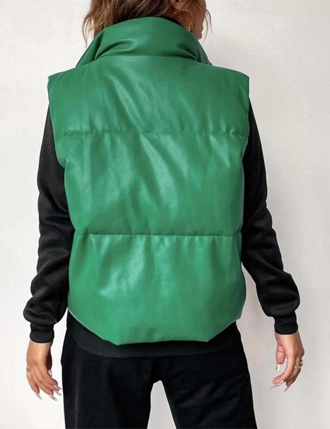 Yidarer Women's Faux Leather Puffer Vest Stand Collar Padded Vest Sleeveless Quilted Lightweight Jacket