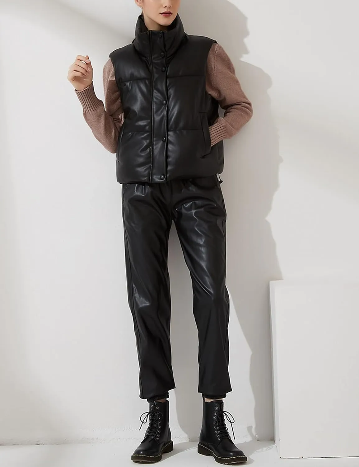 Yidarer Women's Faux Leather Puffer Vest Stand Collar Padded Vest Sleeveless Quilted Lightweight Jacket
