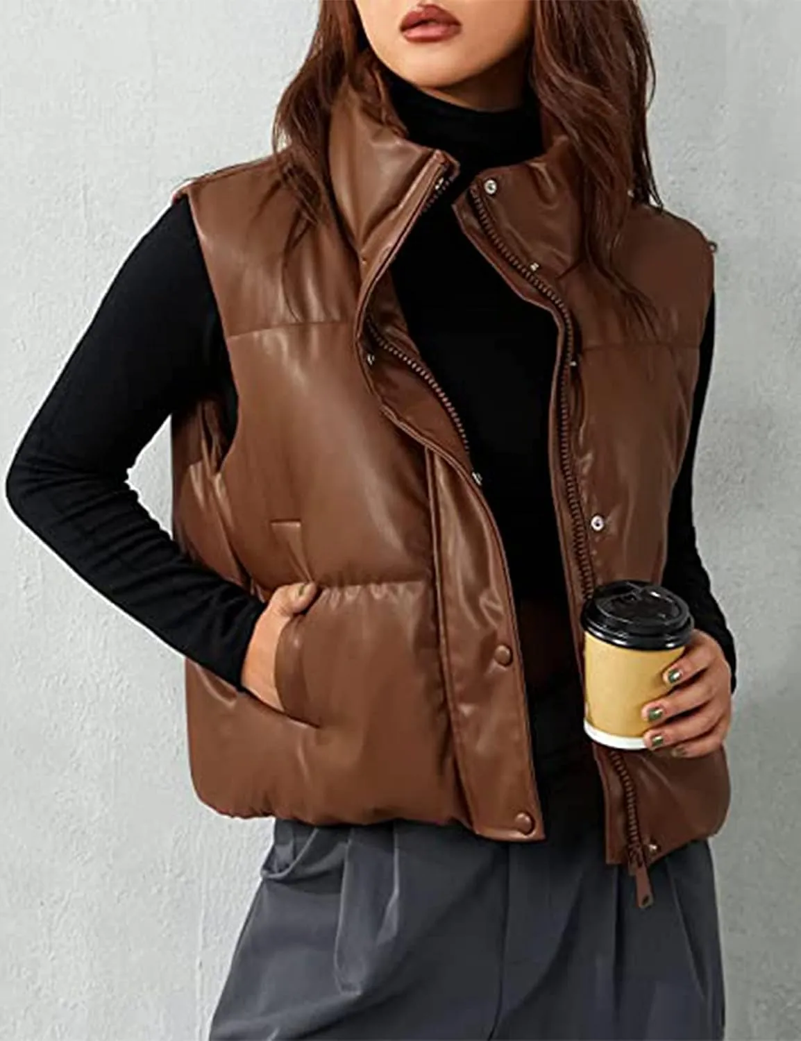 Yidarer Women's Faux Leather Puffer Vest Stand Collar Padded Vest Sleeveless Quilted Lightweight Jacket