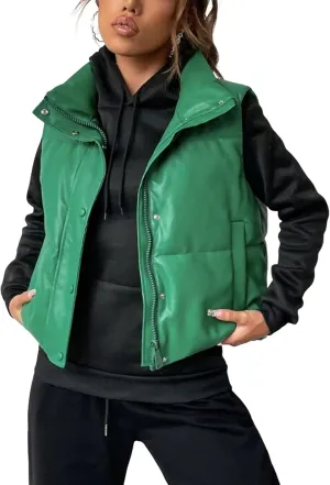 Yidarer Women's Faux Leather Puffer Vest Stand Collar Padded Vest Sleeveless Quilted Lightweight Jacket