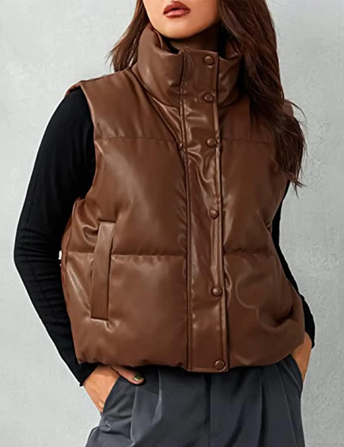 Yidarer Women's Faux Leather Puffer Vest Stand Collar Padded Vest Sleeveless Quilted Lightweight Jacket