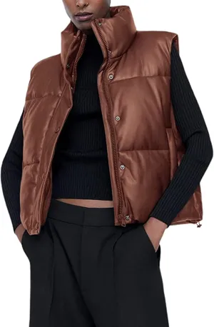 Yidarer Women's Faux Leather Puffer Vest Stand Collar Padded Vest Sleeveless Quilted Lightweight Jacket