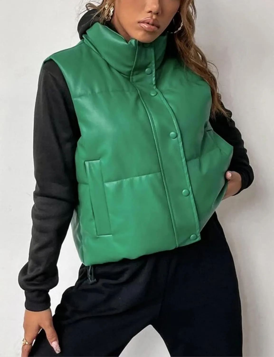 Yidarer Women's Faux Leather Puffer Vest Stand Collar Padded Vest Sleeveless Quilted Lightweight Jacket