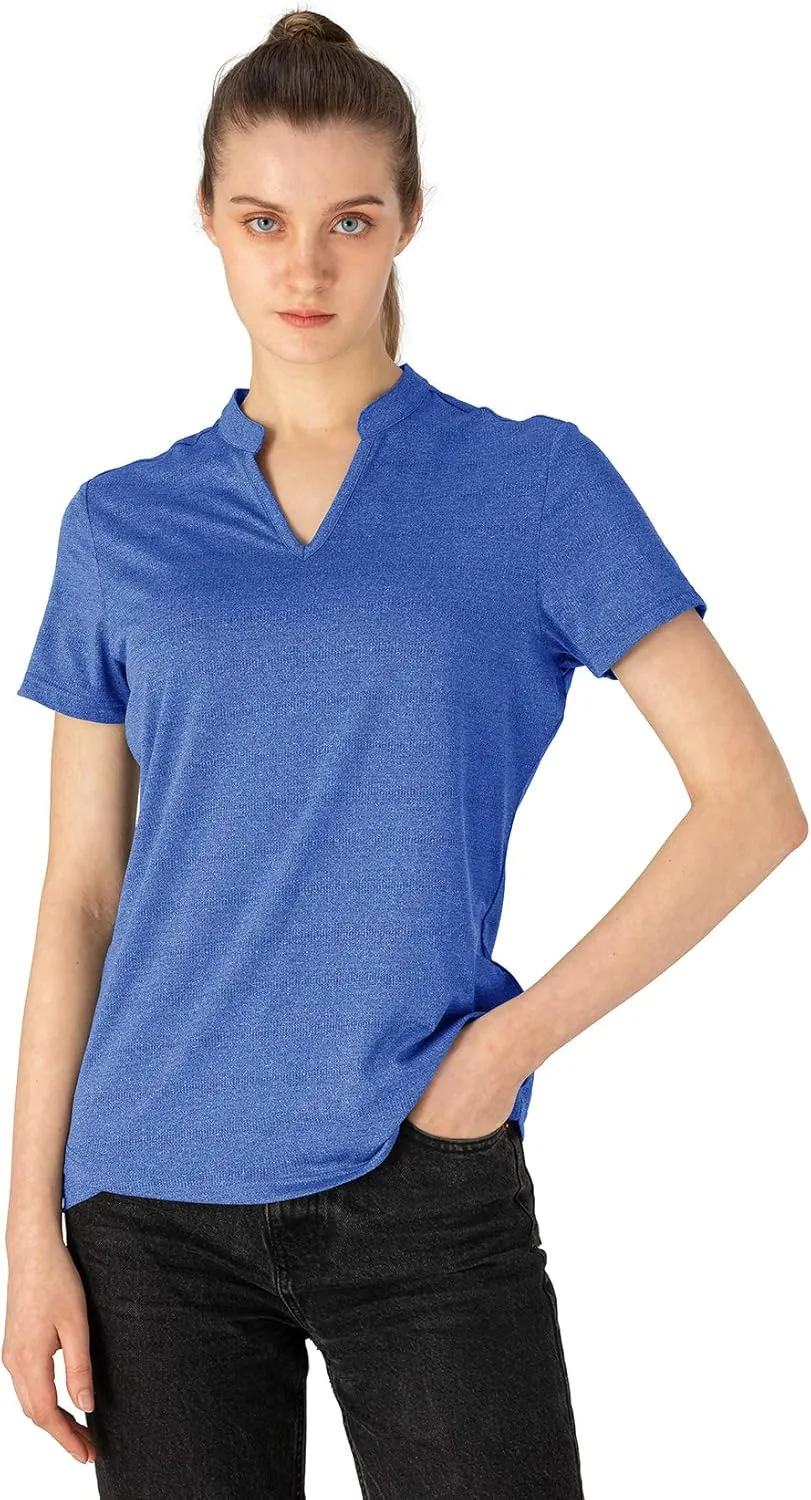 YSENTO Women's Dry Fit Golf Polo Shirts Tops Short Sleeve V Neck Collarless Apparel Shirts Clothes