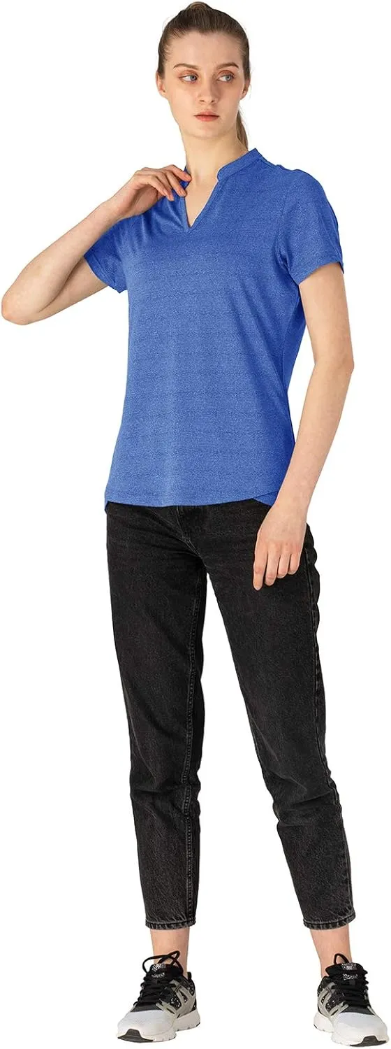 YSENTO Women's Dry Fit Golf Polo Shirts Tops Short Sleeve V Neck Collarless Apparel Shirts Clothes