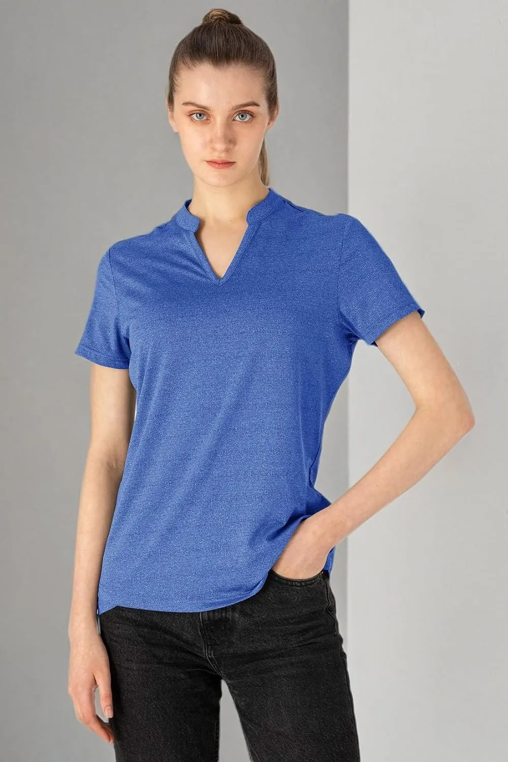 YSENTO Women's Dry Fit Golf Polo Shirts Tops Short Sleeve V Neck Collarless Apparel Shirts Clothes